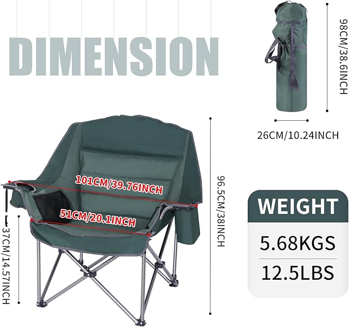 Camping Chair Padded Camping Chair Cushioned Extra Wide Lounge Patio Chair for Adults Heavy-Duty 400Lbs with Cooler Cup Holder and Carry Bag (Green 1-Pack)