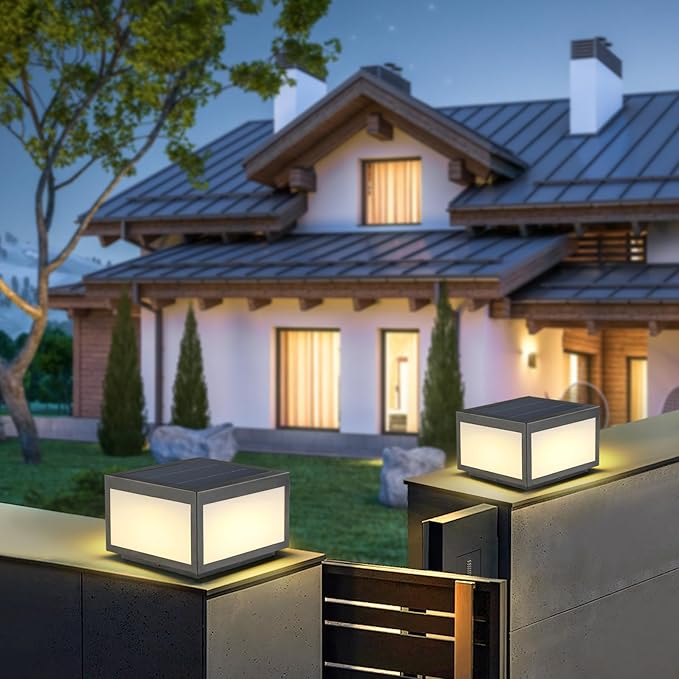Solar Post Lights Outdoor Pillar LightSolar Cap Column Lighting LED Square Deck Cap Lamp for Flat Surface Patio Garden Decoration Stainless Steel Lamp Post Dusk to Dawn with IP65 Waterproof（10x10）