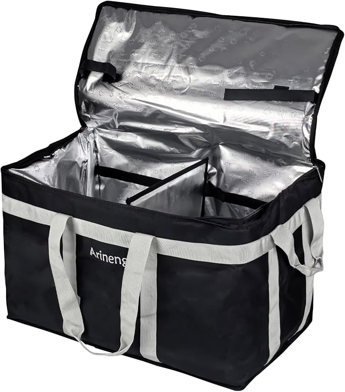 Food Delivery Insulated Bag Insulated Cold Meal Bag Built-in Base Plate For Hot and Cold Food Takeout Commercial Catering Transportation - 23 * 14 * 15 inches (Partitioned Black)