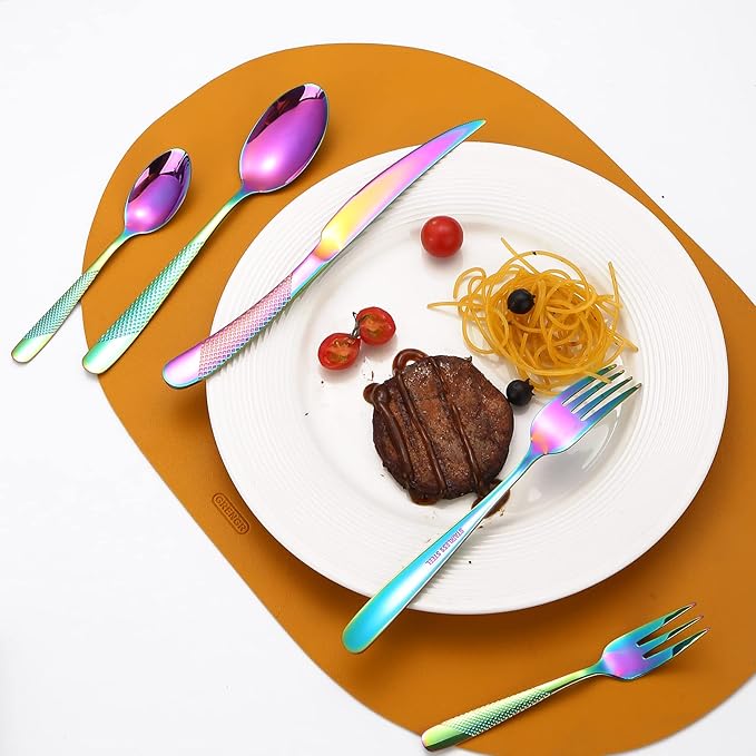 Hammered Silverware Rainbow Stainless Steel Flatware Set for 4 include Forks Spoons and Knives Modern Eating Utensils for Kitchen Restaurant Parties Everyday Uses