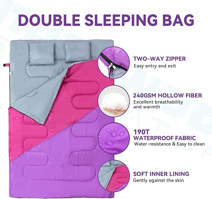 Double Sleeping Bag for Adults Kids - Lightweight 2 Person Sleeping Bag with Pillow Queen Size Waterproof Camping Sack Two Person for Girls Boys Youths Teens Compact for Cold Weather &amp Warm