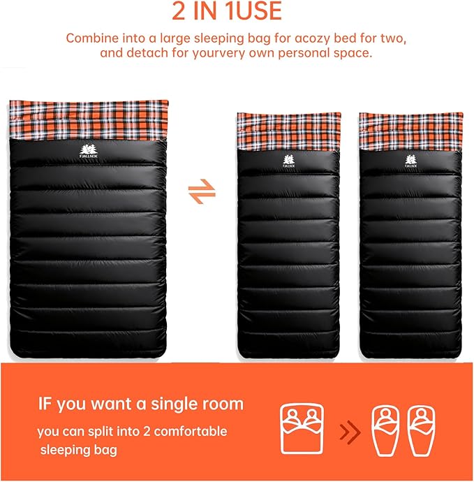 Double Sleeping Bag Cotton Flannel for Camping Backpacking Or Hiking. Queen Size 2 Person Waterproof Sleeping Bag for Adults Or Teens. Lightweight with Compression Sack