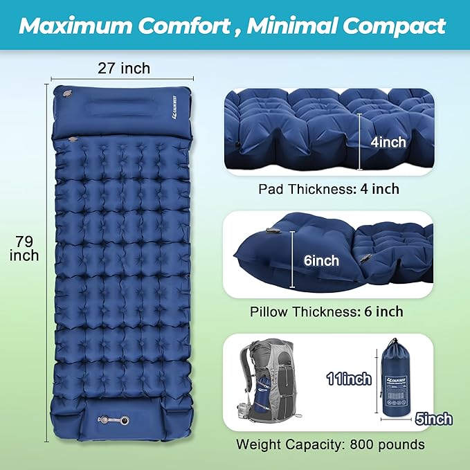 Sleeping Pad for Camping 4in Thick Insulated Sleeping Pad for Winter Ultralight Inflatable Camping Mattress with Adjustable Pillow Compact Built-in Foot Pump Sleeping Mat for Backpacking