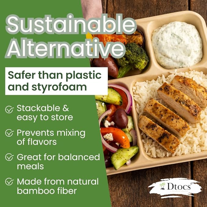 Dtocs Compartment Plates Disposable (40 Pcs) 4 Portions | Bamboo Fiber Heavy Duty Sectional Lunch Trays for Camping Catering Buffet Dinner | Microwavable Leak-Proof Multipurpose Divided Plates