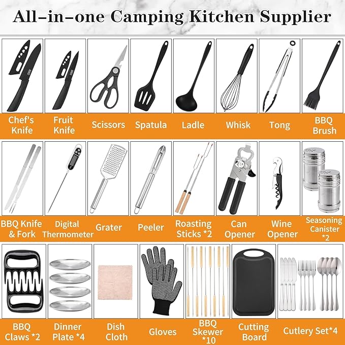 Camping Essentials Cookware Cooking Utensils Set - Portable Camp Kitchen Mess Kit Outdoor Accessories Stainless Steel &amp Silicone Camping Gear Equipment for RV Picnic Grill Black Pro