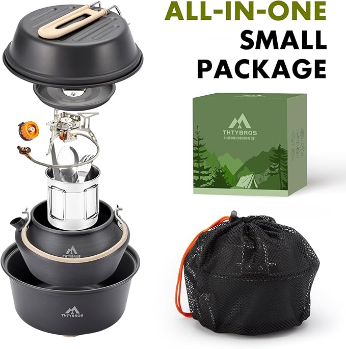 17pcs Camping Cookware Kit 0.45Gal Pot 7inches Pan0.30Gal Kettle Set with 2 Set Stainless Steel Cups Plates Forks Knives Spoons for Hiking
