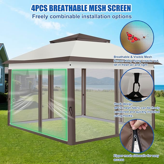 Yesker 10x10 Pop Up Canopy Tent w Mesh Netting Sidewall Vented Top - Heavy Duty Outdoor Canopy Easy Setup Shelter Gazebo Waterproof 10x10 Popup Tnets for Patio Backyard Parties &amp Events Khaki Br