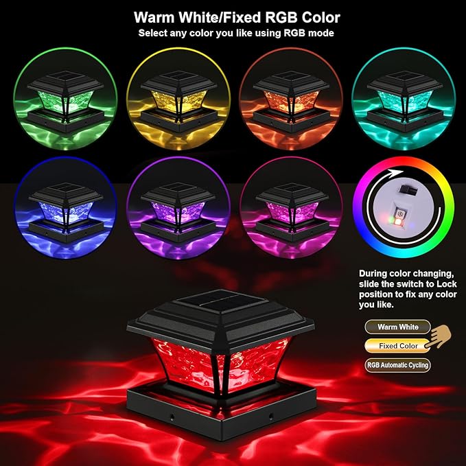 Solar Post Cap Lights Warm White/RGB Automatic Cycling/Fixed RGB Color 9 Colors to Choose 20 Lumens Fence Post Solar Lights for 3.6x3.6 4x4 4.5x4.5 5x5 Wooden/Vinyl Posts Black 2 Pack