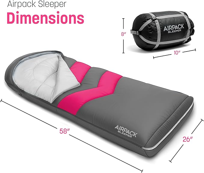 Kids Sleeping Bag with Built-in Pad (Fits Up to 4'6) All-in-One Inflatable Mattress Pad with Built-in Foot Pump - for Sleepovers Camping and Travel (Gray/Pink)
