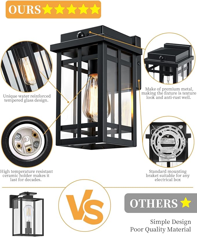 Motion Sensor Outdoor Wall Light Fixtures 2 Packs 9.76''Waterproof Dusk to Dawn Outdoor Lighting Exterior Modern Porch Lantern Anti-Rust Outside Scones for Front Door Garage Patio Black