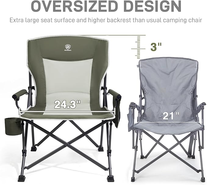 EVER ADVANCED Oversized Folding Camping Chair for Adults Heavy Duty Lawn Chair with Side Pockets Portable Collapsible Quad Chair for Outside Support Up to 500lbs Green