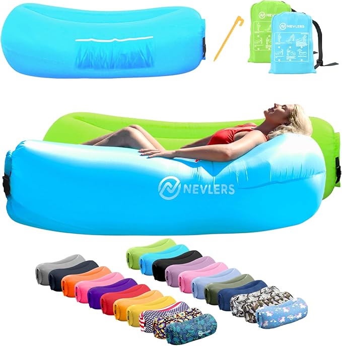 Nevlers Blue &amp Green Inflatable Couch 2 Pack | 210T Polyester Blow Up Couch | No-Pump Inflatable Chair Set | Sofa Bed Chair w/ 450 lbs. Capacity Pockets &amp Carry Bags for Use as Portable Hammo