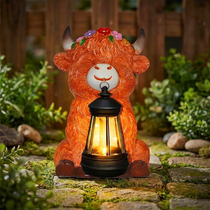 Garden Statues Highland Cow with Solar Lantern Outdoor Highland Cow Figurines Decorations for Patio Yard Lawn Ornaments Gifts for Mom/Grandma Birthday Housewarming