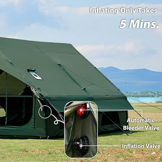 Inflatable Camping Tent with Hand Pump Waterproof Outdoor Blow up Tent 2-8 Person Oxford 4 Season Glamping Air Tent Cabin House with Mesh Windows &amp Door