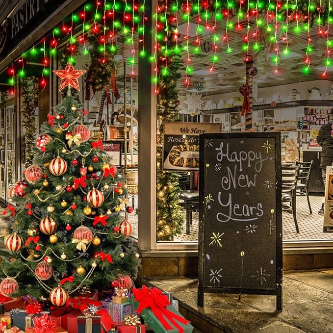 KNONEW 99ft 1216 LED Christmas Lights Outdoor Decorations with 228 Drops 8 Modes Curtain Fairy Light Clear Wire LED String Light Decor for Wedding Party Christmas (Red and Green)