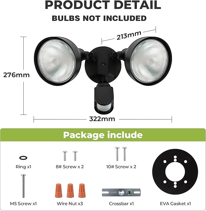 Motion Sensor Outdoor Light 300W PAR38 Bulb Compatible IP65 Waterproof Flood Lights 2 Head Dusk to Dawn Motion Detected Security Light for Patio Garage Yard (Black Bulbs not Included)