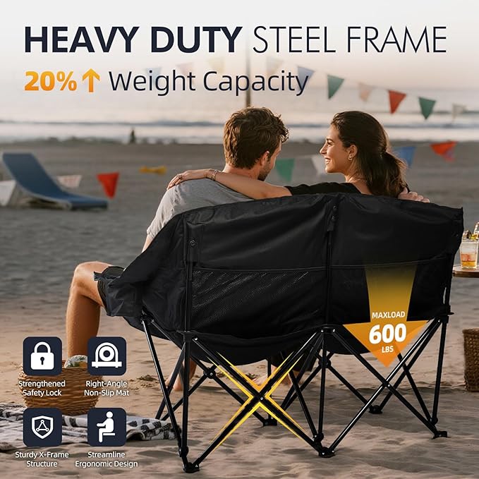Double Camping Chair Loveseat - 2 Person Oversized Camping Couch for Adults Padded Heavy Duty Outdoor Lawn Beach Portable Folding XL Chairs with Cup Holders and Carry Bag Support 600lbs Black/Grey
