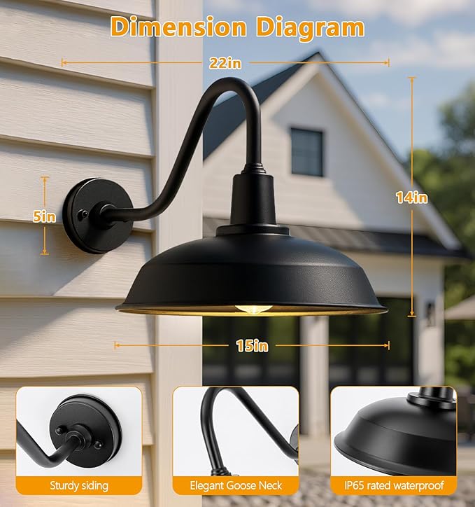 Large 15 Black Gooseneck Barn Lights Vintage Industrial Outdoor Barn Lights for Garage Patio Garden - 2 Pack