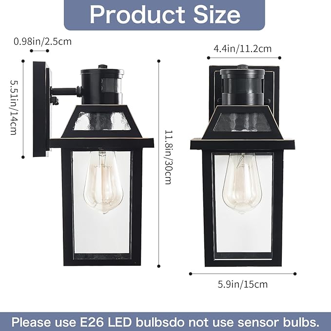 Motion Sensor Outdoor Wall Lights Porch Light Outdoor 3 Lighting Modes Dusk to Dawn Exterior Light Fixture Waterproof Outside Lights for House Front Door Patio Garage 1 Pack (Black)