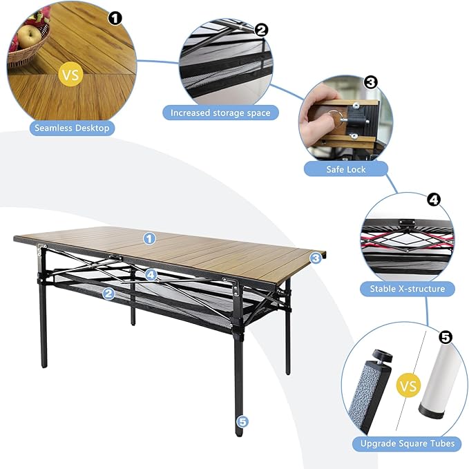Large Folding Camping Table Aluminum with Storage for 4-6 People 55X27.5 Roll Up Tall Outdoor Portable Table Lightweight with Carry Bag for Picnic BBQ Backyard Beach