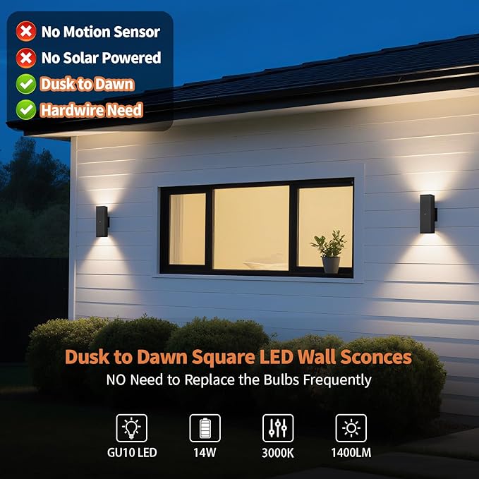 Dusk to Dawn Outdoor Lighting LED Square Up and Down Outdoor Sconce Lights Matte Black Exterior Lighting Fixtures with 7W LED Bulbs Front Porch Lights for house Garage Patio Doorway 4 Pack