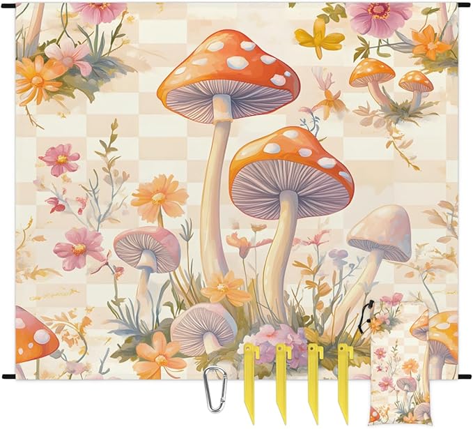Waterproof Sandproof Beach Blanket 59''×68'' Mushrooms Decoration Polyester Outdoor Picnic Blanket with 4 Stakes &amp Storage Bag for BeachCampingVacation Beige