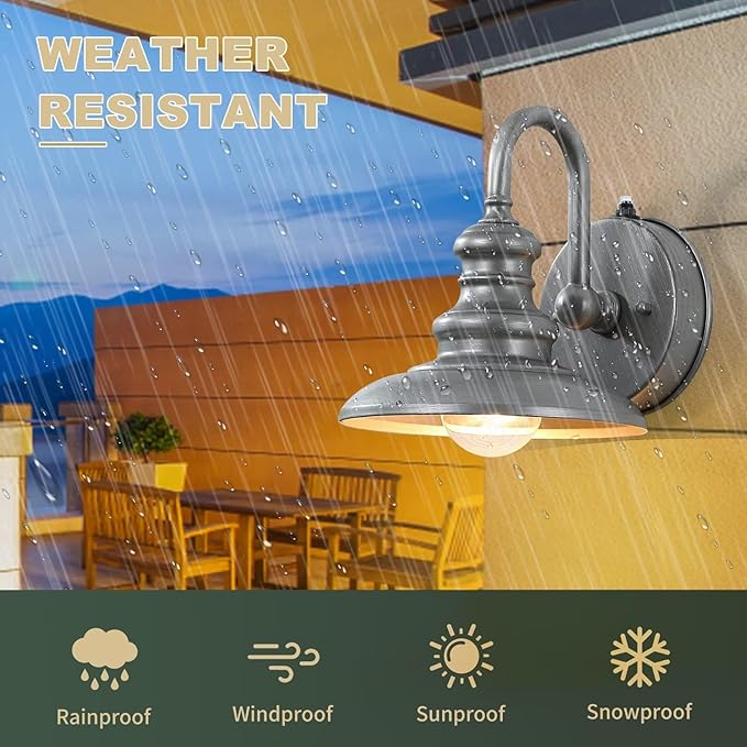 LONEDRUID Dusk to Dawn Sensor Outdoor Gooseneck Barn Light Fixtures Silver Exterior Wall Sconce Lighting Waterproof Outside Porch Lantern Rustic Farmhouse Wall Mount Lamp for House Garage Patio