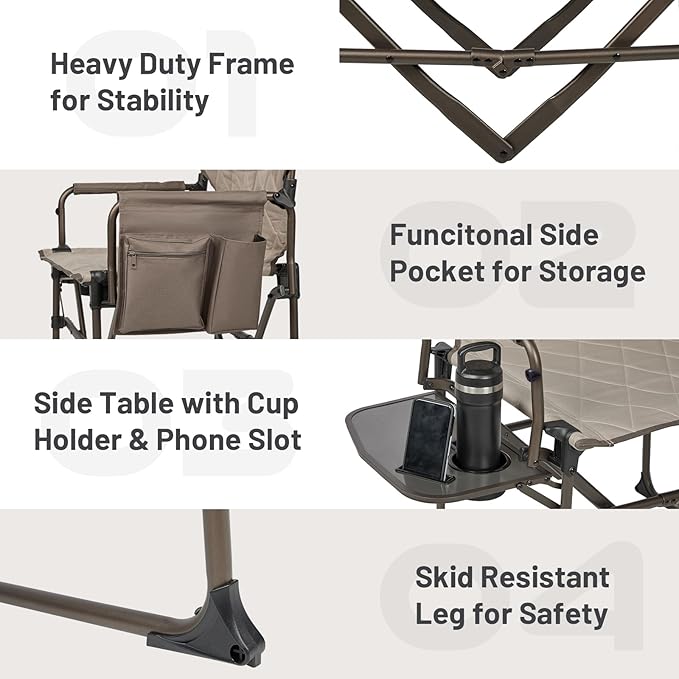 Timber Ridge Aluminum Camping Directors Chair with Side Table Pocket Portable Folding Heavy Duty Lawn Chair for Fishing Trip Picnic Concert Outdoor 400lbs Tan