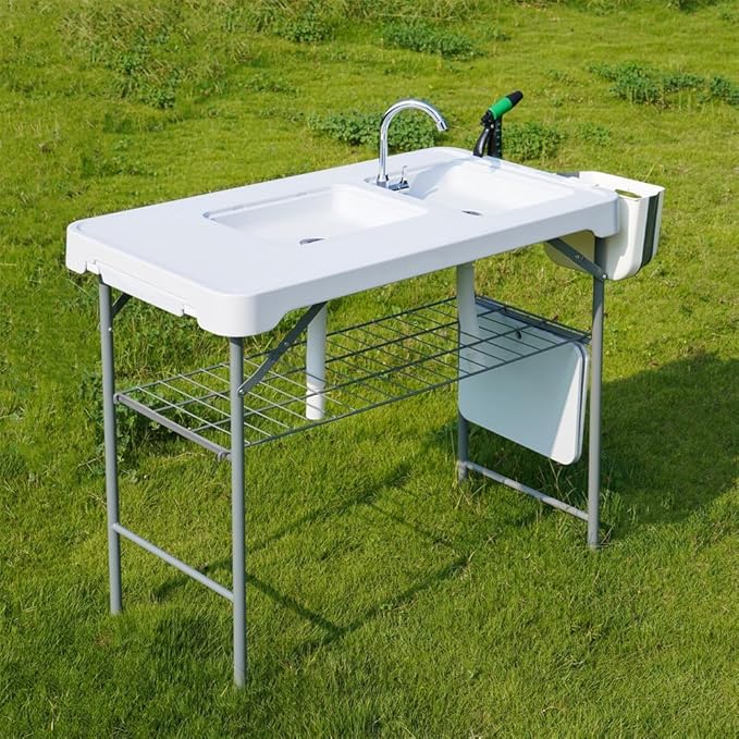 Heavy Duty Portable Folding Fish Cleaning Table with Dual Collapsible Washbasins Collapsible Faucet Sprayer Drainage Hose Grid Rack &amp Storage Box – Outdoor Camping Picnic Washbasin Station Du