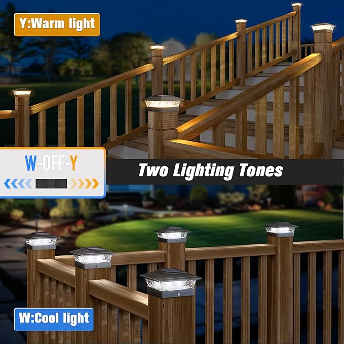Solar Post Cap Lights Outdoor 6pack Waterproof Fence Post Lights with 16 Ultra Bright LEDs Fit 4x4 Wood/Vinyl Posts Black Deck Post Lights with Warm/Cool White for Garden Patio Porch Yard