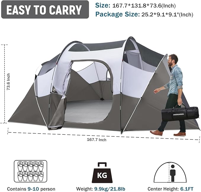 HIKERGARDEN 10 Person Camping Tent - Portable Easy Set Up Family Tent for Camp Windproof Fabric Dome Tent Outdoor for Hiking Backpacking Traveling-14'x11'x74in(H)