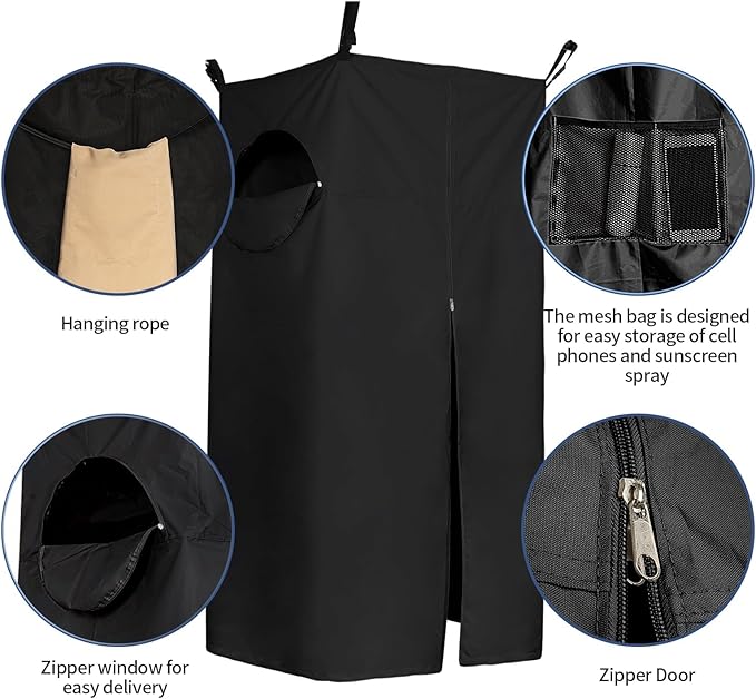 Tuszom 600D Privacy Tent for Boat Heavy Duty Hanging Changing Room for Bimini Top with Storage Bag Portable Privacy Station for Pontoons (27 W x 30 D x 72 -84 H) (Black)