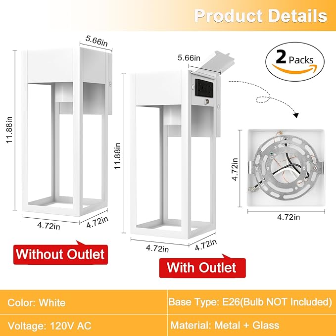 2 Pack Porch Lights Outdoor Wall Sconce Outdoor Light with GFCI Outlet Waterproof Exterior Wall Lantern Light Fixtures Anti-Rust Wall Lamp with Clear Glass for Patio Doorway Garage- White