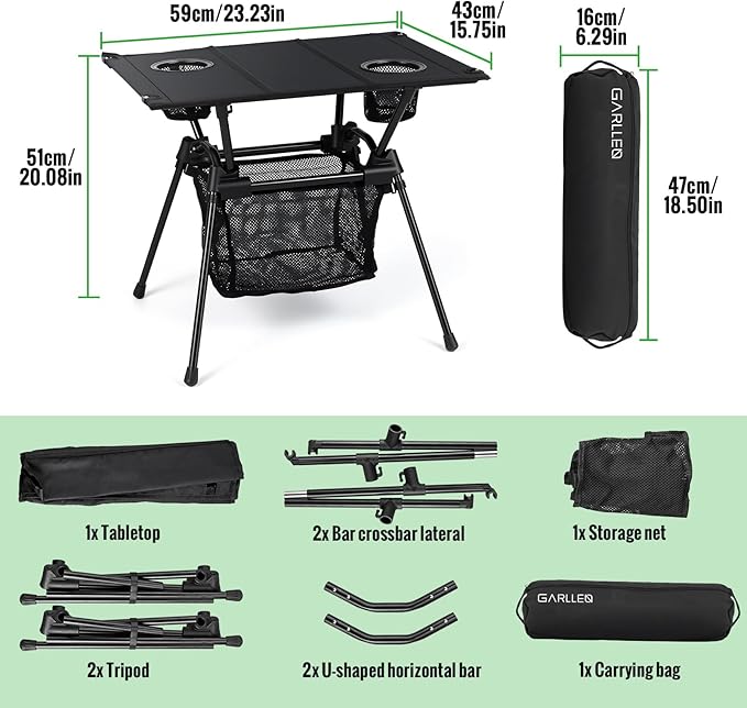 GARLLEN Folding Camping Table Ultralight Compact Beach Table with Fabric Tabletop Portable Folding Picnic Table with Cup Holder &amp Storage Net for Sand Camping Outdoor 23.2“L x 15.7”W