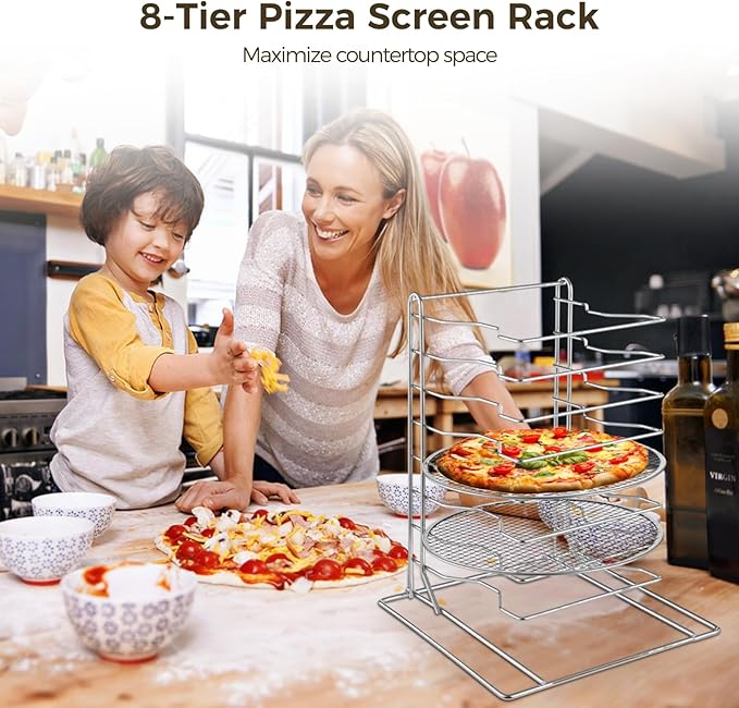 8 Tier Pizza Rack With 8 Perforated 12 Inch Perforated Pizza Pans with Holes 16.7'' H x 12'' L x 12'' W Stainless Steel Pizza Pan Rack Holder for Buffet Table Easy Storage Multiple Pizzas (8 Tier)