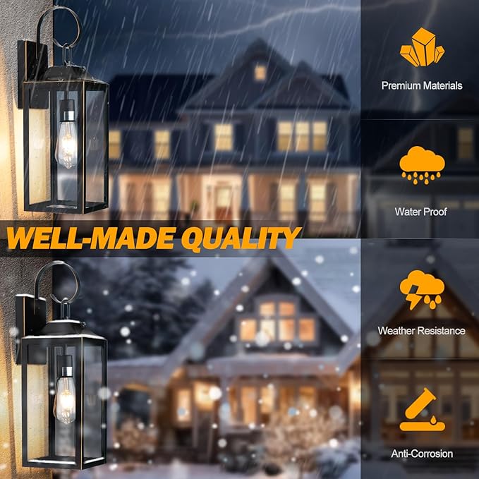 19 Dusk to Dawn Outdoor Lighting 2 Pack Large Dusk to Dawn Outdoor Wall Lights Black Sensor Porch Lights Outdoor Exterior Lighting Fixtures Wall Mount for House Garage -with Gold Trim