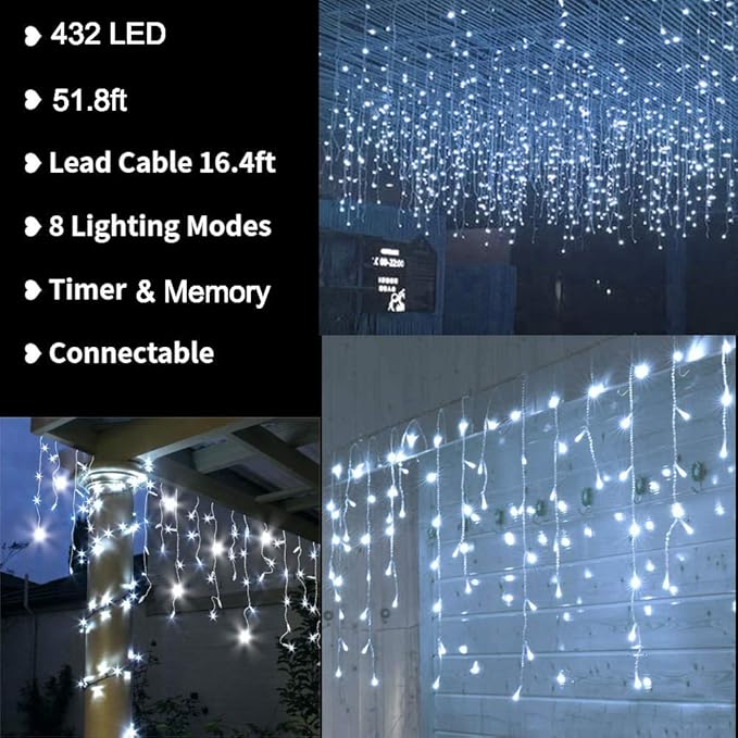 LYHOPE Icicle Christmas Lights 432 LED 35.4ft 8 Modes Icicle String Lights with 72 Drops Window Curtain Fairy Lights for Xmas Eaves Wedding Garden Outdoor Indoor Decor (Clear White)