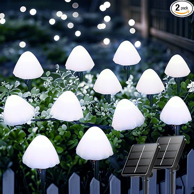 OZS 2PK 32LED 55FT Mushroom Solar Garden Lights Outdoor Solar String Lights Waterproof with 8 Lighting Modes Solar Garden Decor for Outside Pathway Light for Yard Decoration (Cool White)
