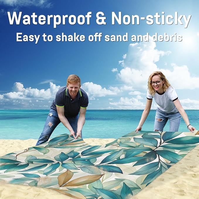 Waterproof Sandproof Beach Blanket 59''×68'' Plant Polyester Outdoor Picnic Blanket with 4 Stakes &amp Storage Bag for BeachCampingVacation Peacock Blue