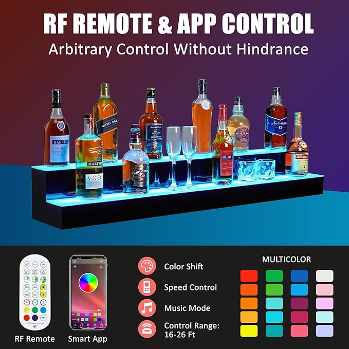 LED Lighted Wine Racks Countertop Wine Bottle Holder Liquor Bottle Display Shelf 2-Tier 48 Inch Acrylic Whiskey Rack with Remote &amp App Control USB Powered for Home Bar &amp Commercial Use