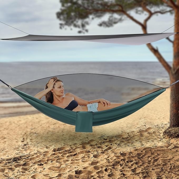 Camping Hammock with Mosquito Net and Rain Fly Tarp200kg Load CapacityLightweight Portable Hammock for BackpackingHikingand Travel-Black/Blackish Green
