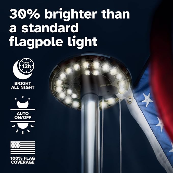 Deneve Deluxe Solar Powered Flagpole Lamp – Dusk to Dawn 12+ Hours 26 LED 1300 Lumen Outdoor Lighting for American Flag Garden Decor House Decor 100% Coverage Gold Model