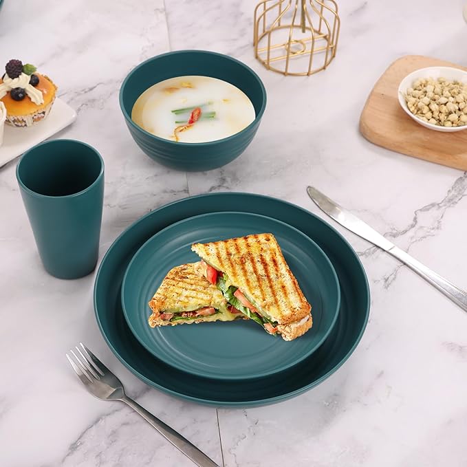 Green Unbreakable Plates and Bowls Sets Microwave and Dishwasher SafeDark Green Dinnerware Sets for 8Christmas Reusable Plastic Dishes Set Lightweight for Kids Elderly Kitchen Adults Camping Outdoor