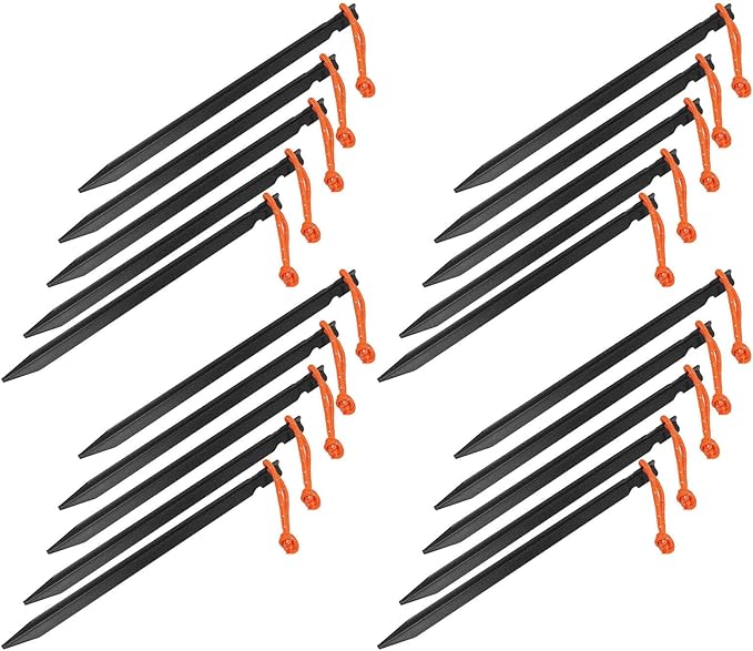 20pcs V Shape Heavy Duty Tent Stakes with Ropes Aluminum Alloy Tent Pegs for Camping Canopy 9 Inch Long Outdoor Tent Garden Stakes for Secure Ground Penetration in All Soil Types (Black)
