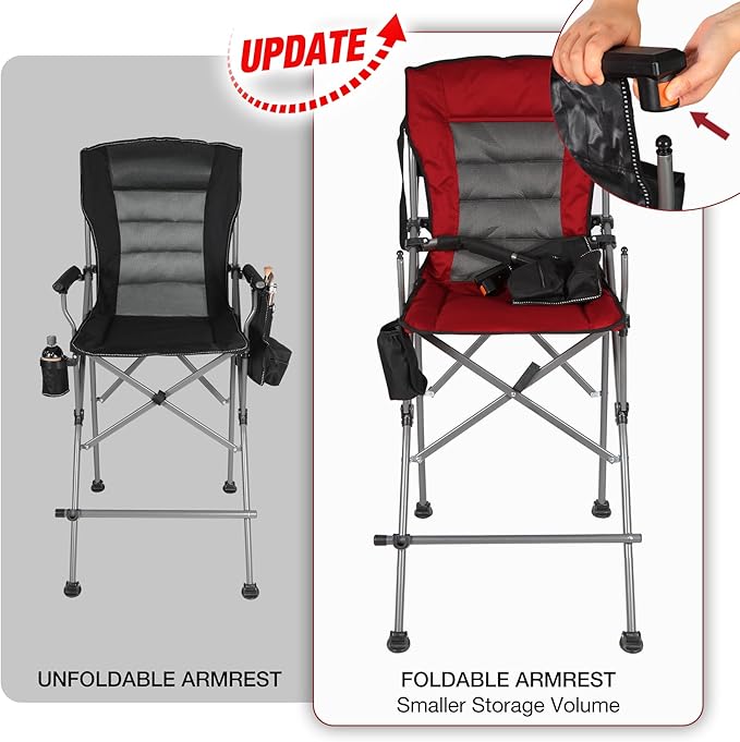 Extra Tall Folding Chairs for Adults 330lbs Portable Bar Height Foldable Director Chairs for Camping Outside Comfortable with Makeup Pocket High Back and FootrestRed
