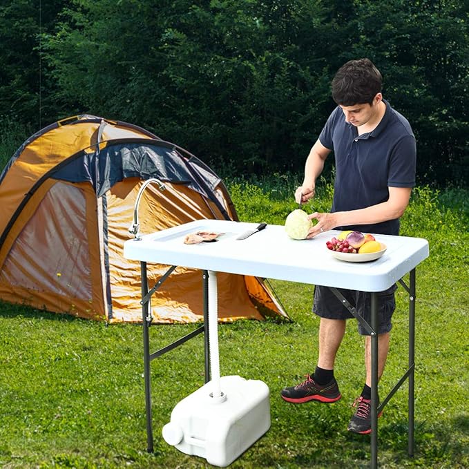 Fish Cleaning Table with Sink Portable Camping Table w/Flexible Faucet Drainage Hose Hook Up Outdoor Fish Cleaning Station for Garden Backyard Kitchen