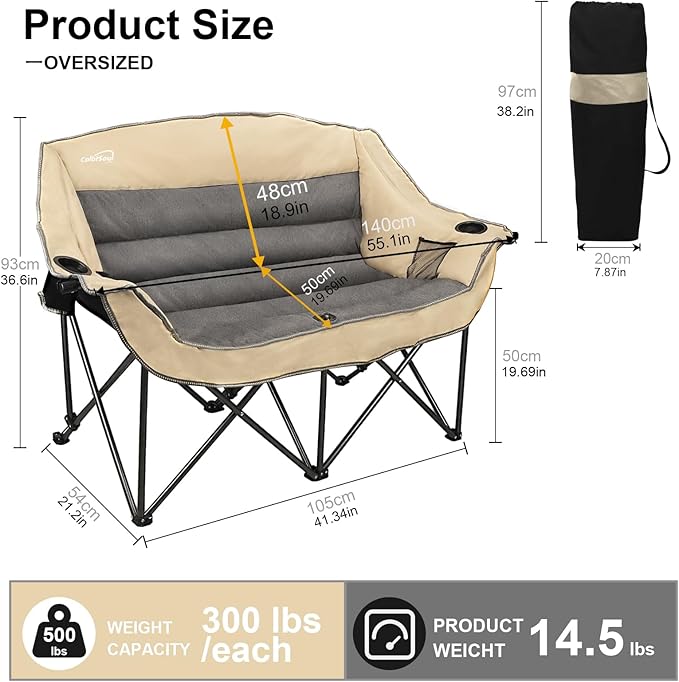 Double Folding Camping Chair Fully Padded Loveseat Camping Couch Oversized 2 Person Lawn Chair Sofa w/Cup HolderWine Glass HolderMesh Storage for Patio Picnic BeachSupport 600lbsBeige