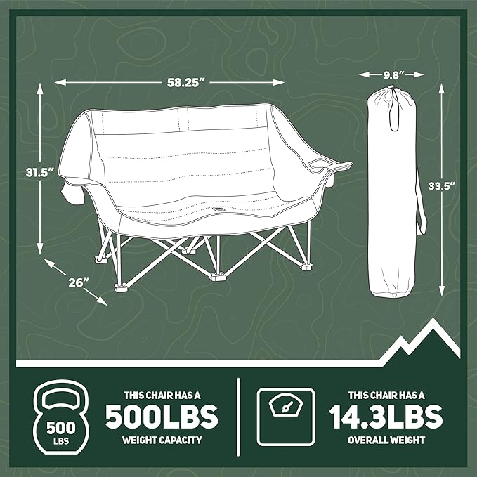 OUTSIDER Love seat Padded Lounge Chair Oversized Folding Camping Sofa Low Seat Double Camping Chair Portable Outdoor Loveseat Supports 500 lbs for Beach Tailgating RV Sports Patio