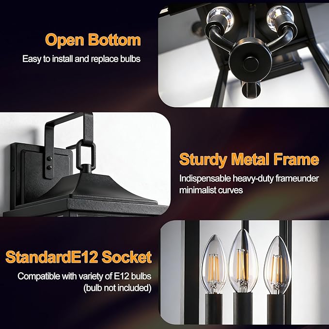 24 2Pack Outdoor Wall Light Fixture 3-Light Candelabra Exterior Wall Sconce E12 Base Clear Glass Modern Matte Black Porch Light IP65 Waterproof Wall Mounted for Front Door Garage &amp House