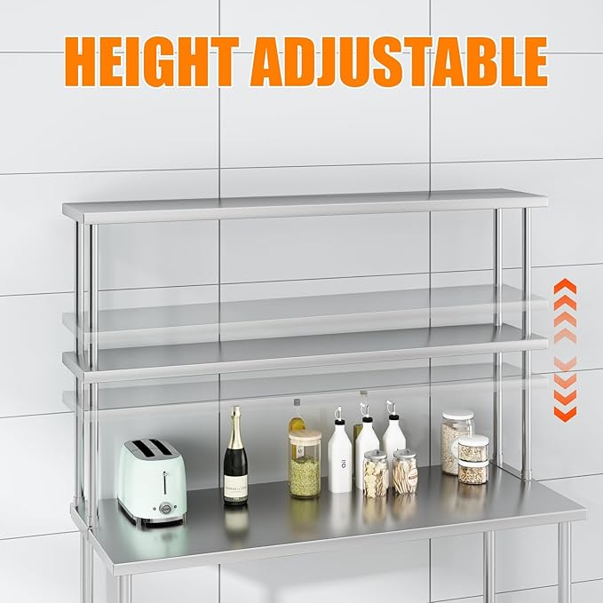 2-Tier Stainless Steel Overshelf for Work &amp Prep Table 60 X 12 Commercial Adjustable Double Shelf Heavy Duty Storage Rack for for Kitchen Utility Room Restaurant Garage
